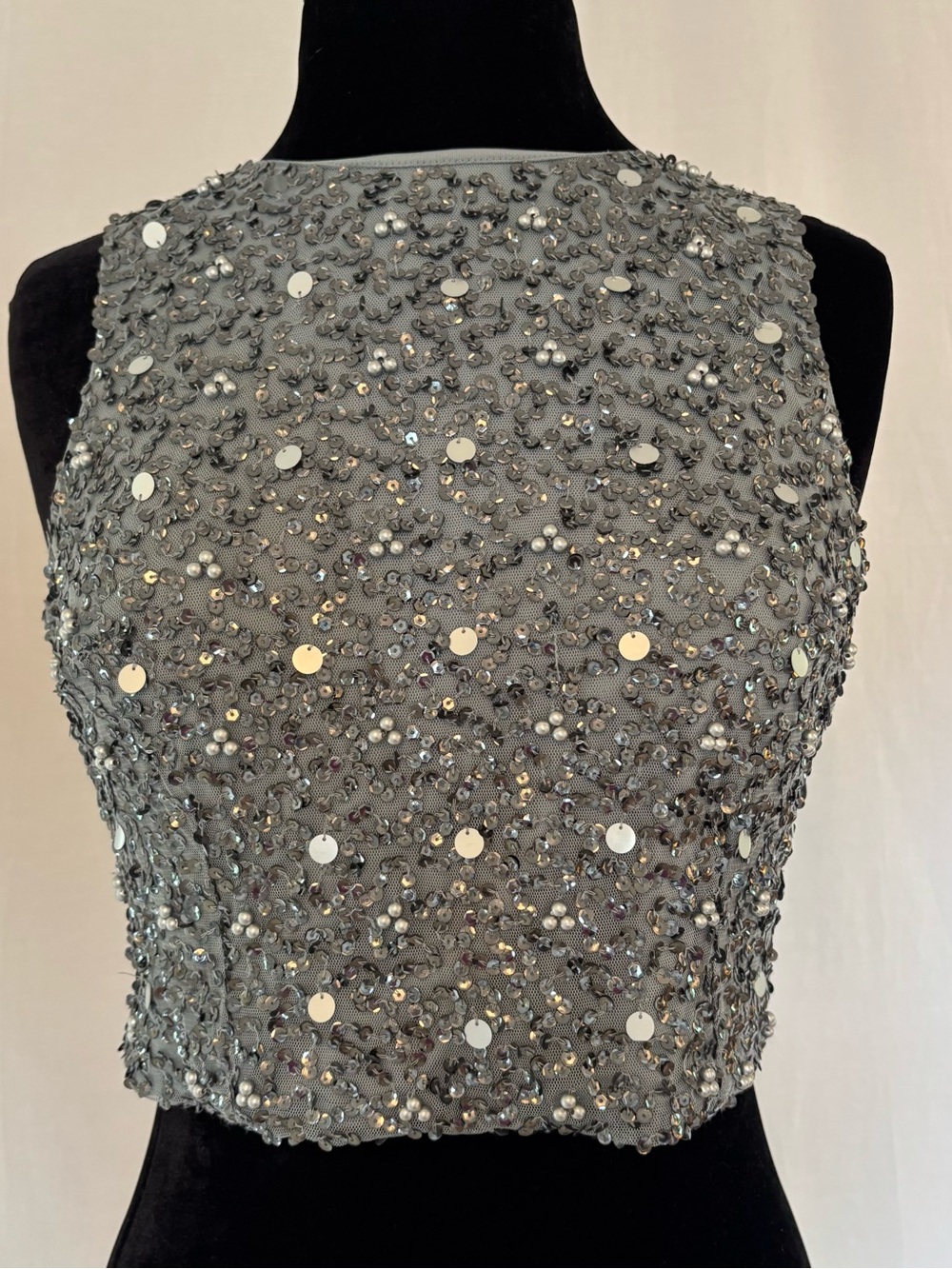 Dex Silver Beaded Sequin Pearl Embellished Party Top Cocktail Glam S